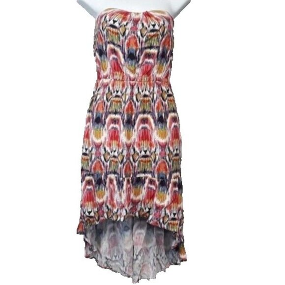 BB Dakota Womens Hi Low Strapless Dress Size Medium Multi Abstract Artsy BOHO - Picture 1 of 7